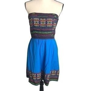 Silence+Noise Blue Aztec Print Strapless Dress Size L